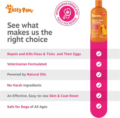 Zesty Paws Flea & Tick Removal Shampoo for Dogs - 16-Fl Oz Natural Soothing Deodorizing Cleaning Formula with Cedarwood Oil & Peppermint for Skin & Coat Care