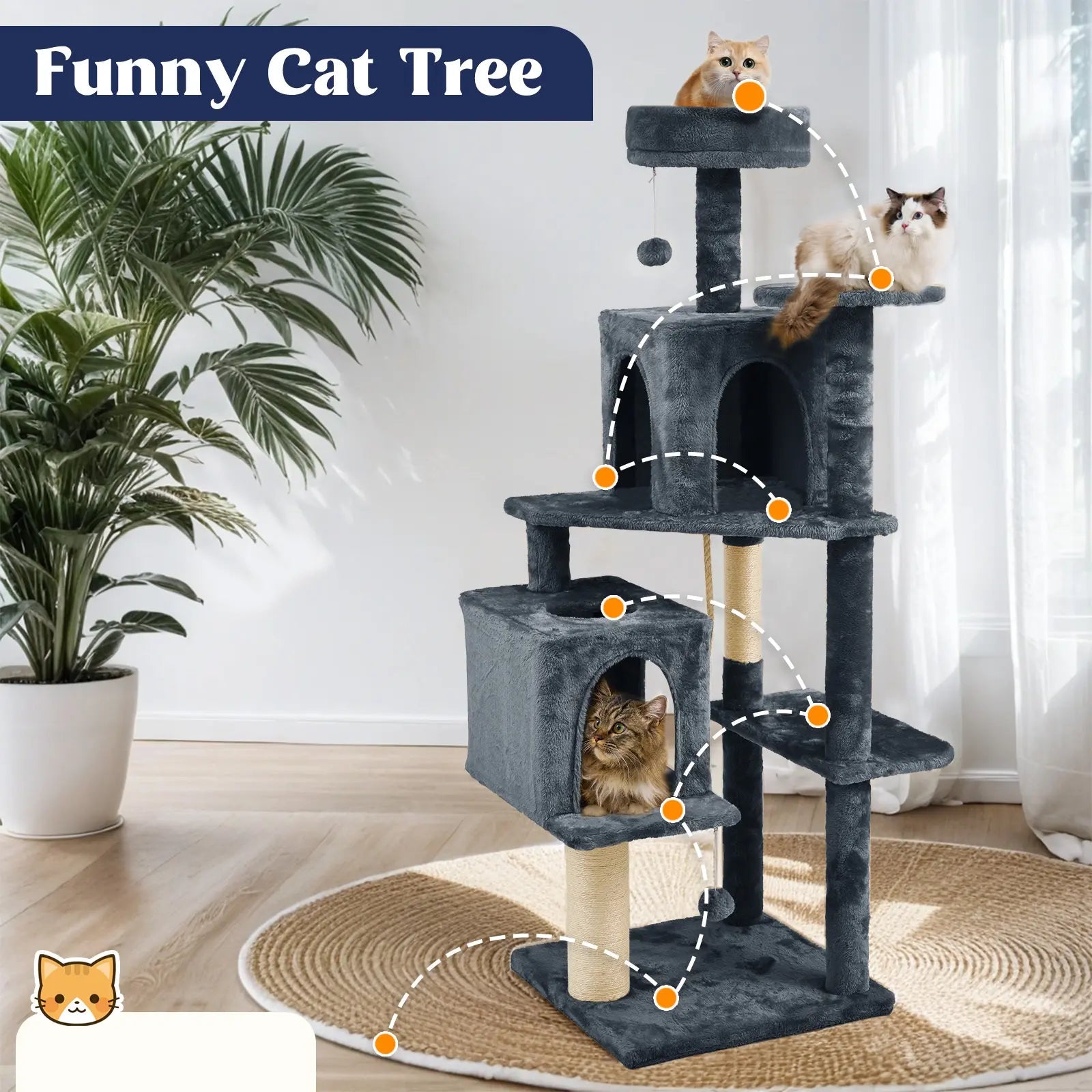 [Summer Vibes] Wecharmer Cat Tree / Tower for Indoor with Green Leaves, Cat Condo Cozy Plush House with Hang Ball, Pet Furniture with Scratching Posts Cat Tree