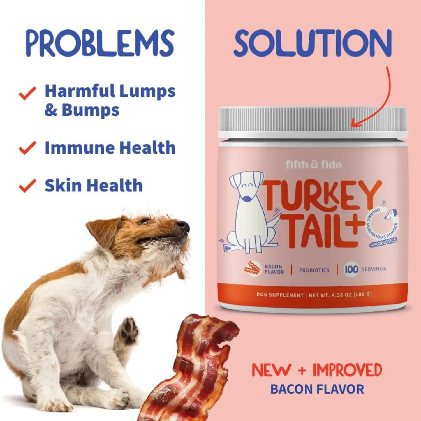 Fifth and Fido Turkey Tail+ Grain-Free Dog Food Topper - Bacon Flavor, Limited Ingredient, Probiotics for Lipoma Aid, Immune & Gut Health, Natural Allergy Relief, Daily Scoop Puppy Food Supplement (100 Servings)