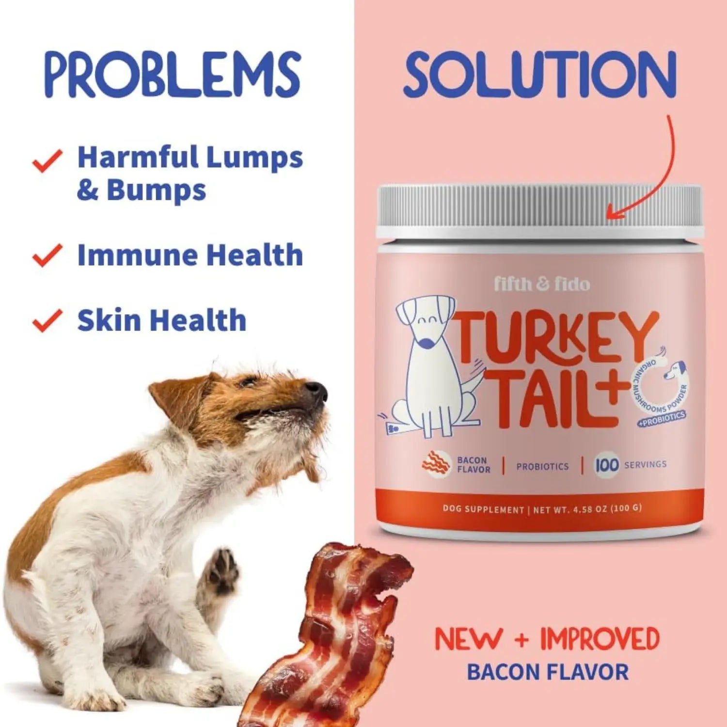 Fifth and Fido Turkey Tail+ Grain-Free Dog Food Topper - Bacon Flavor, Limited Ingredient, Probiotics for Lipoma Aid, Immune & Gut Health, Natural Allergy Relief, Daily Scoop Puppy Food Supplement (100 Servings)