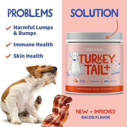 Fifth and Fido Turkey Tail+ Grain-Free Dog Food Topper - Bacon Flavor, Limited Ingredient, Probiotics for Lipoma Aid, Immune & Gut Health, Natural Allergy Relief, Daily Scoop Puppy Food Supplement (100 Servings)