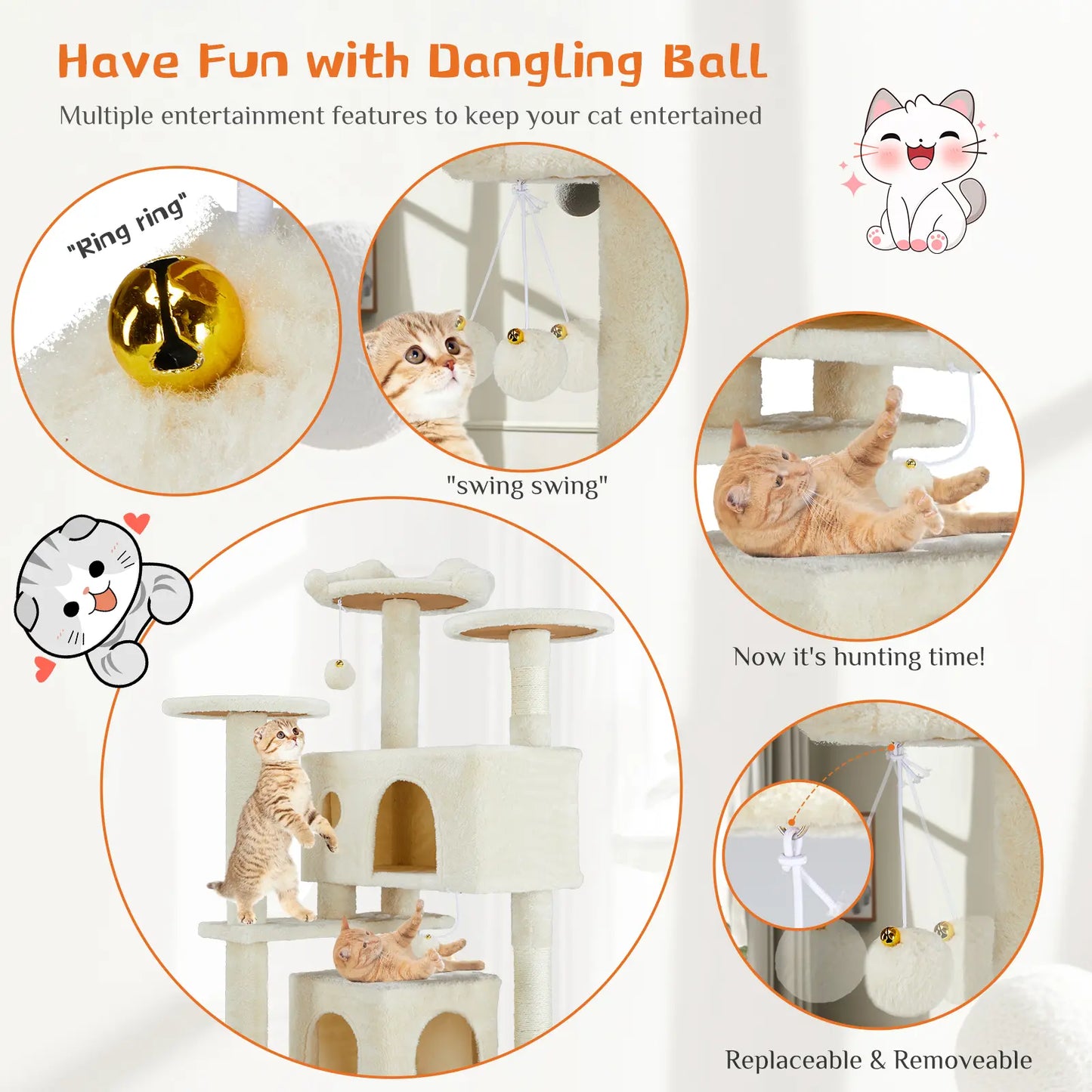 Pettrove Cat Tree Tower for Indoor Cats, Tall Multi-Level Pet Furniture, Stable Kitty Play House with Sisal Scratching Post, Large Condo, Climbing Ladder, Plush Toy for Kitten Cat Treehouse