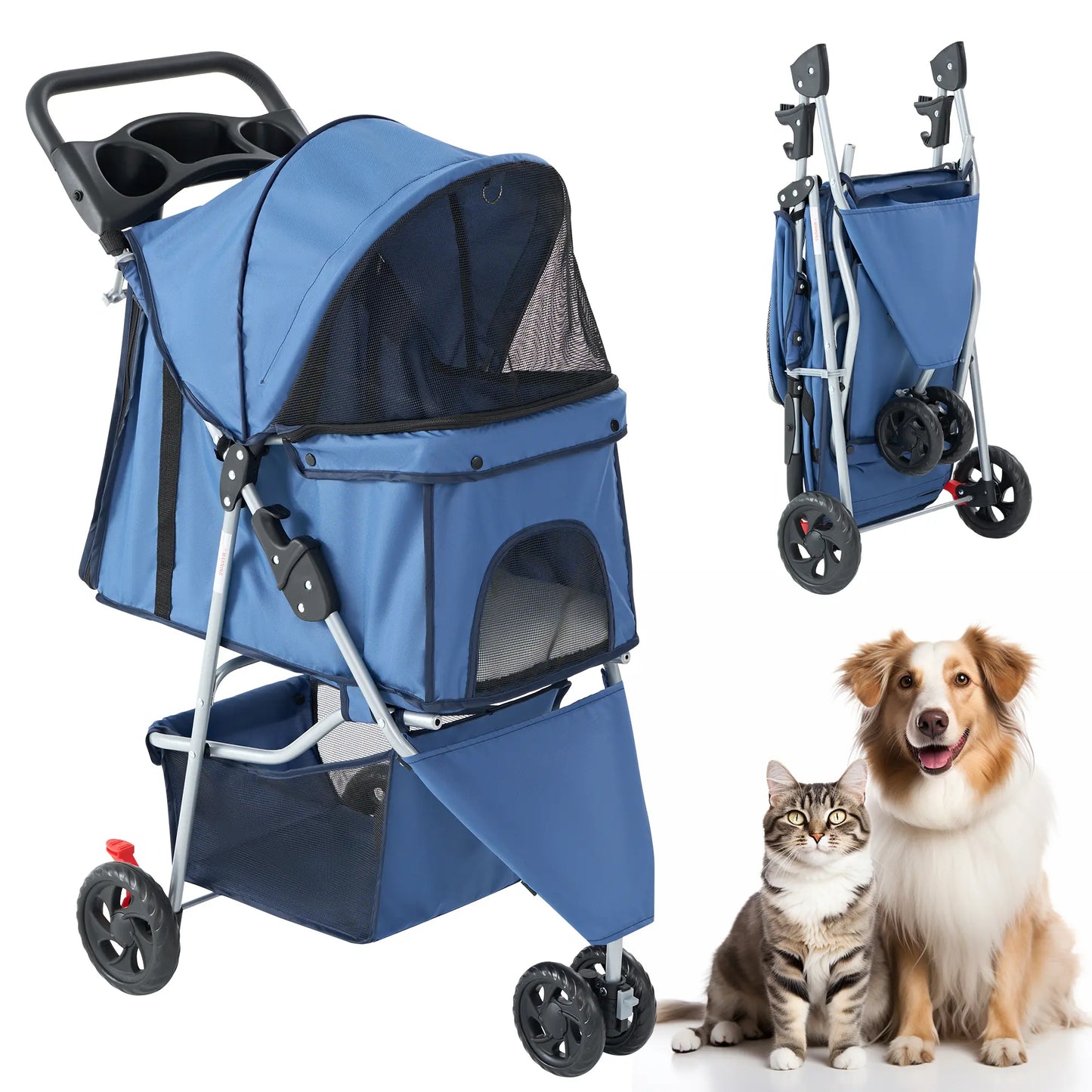Sweetcrispy 3-Wheel Pet Stroller Dog and Cat Stroller Breathable Mesh Lightweight Travel Carrier Waterproof & Foldable Design Storage Basket Black for Daily Walks & Outdoor Use