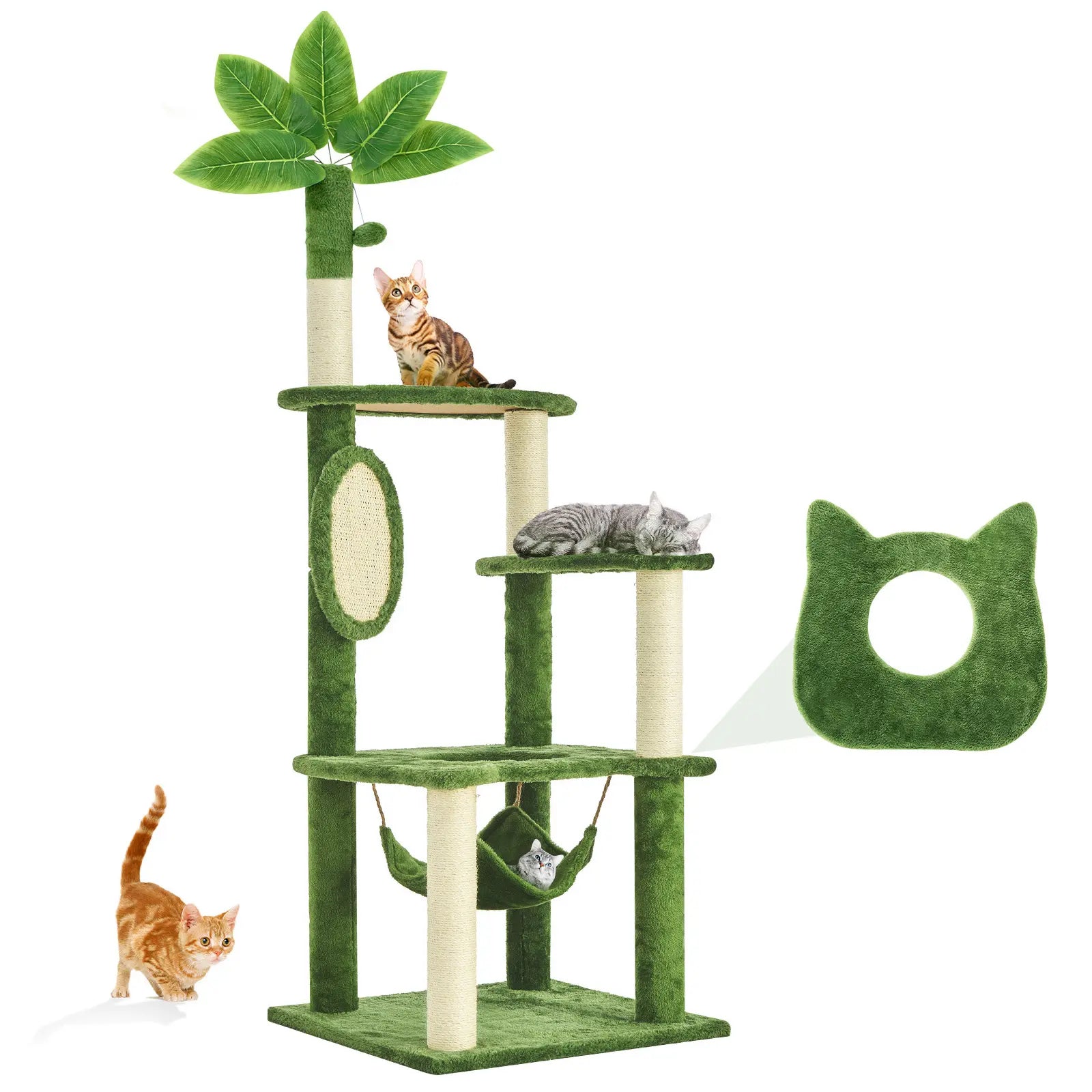 [Summer Vibes] Wecharmer Cat Tree / Tower for Indoor with Green Leaves, Cat Condo Cozy Plush House with Hang Ball, Pet Furniture with Scratching Posts Cat Tree
