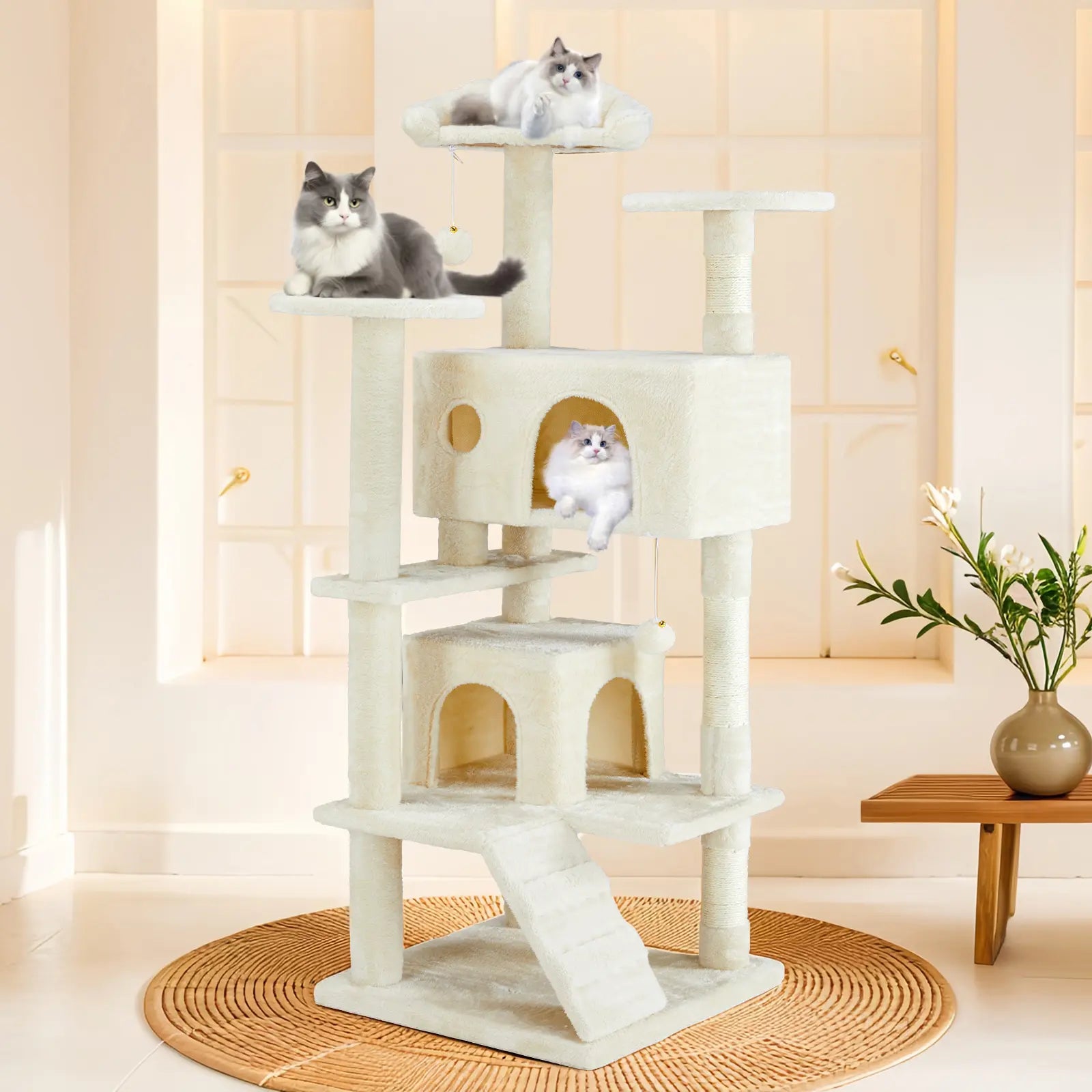 Pettrove Cat Tree Tower for Indoor Cats, Tall Multi-Level Pet Furniture, Stable Kitty Play House with Sisal Scratching Post, Large Condo, Climbing Ladder, Plush Toy for Kitten Cat Treehouse