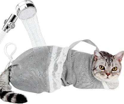 Cat Bath Mesh Bag, Portable Mesh Shower Bag, Cute Safe Adjustable Drawstring Design Travel Bathing Bag for Cats Grooming, Grooming Supplies，Nail Trimming, Injection， Bath Accessory, Pet Tools Summervibes