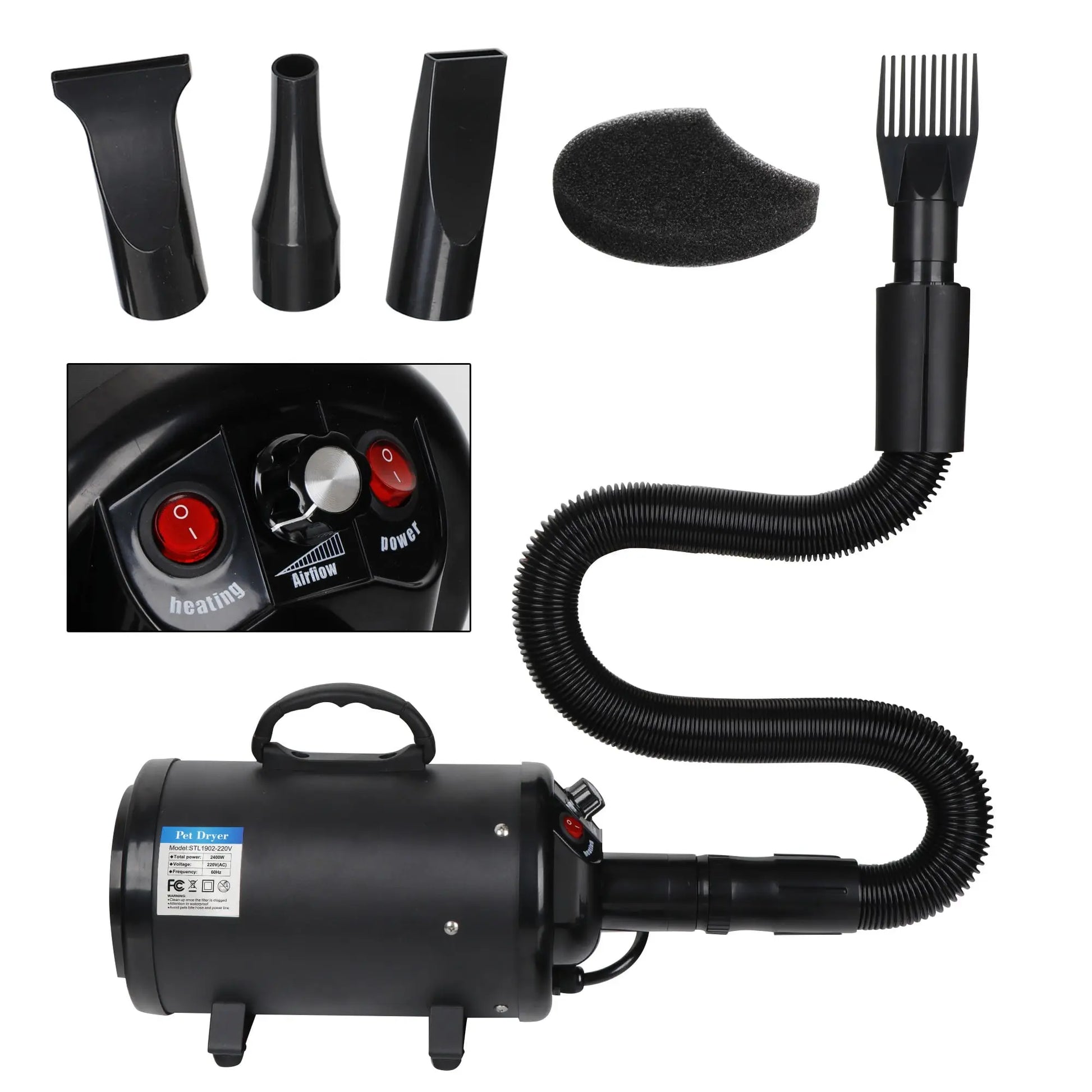 Professional Pet Grooming Hair Dryer - 2400W Portable Quick-Drying Variable-Speed Grooming Product with 4 Adjustable Nozzles, NOVA Model for Dogs (Grooming Tool), Grooming Products, Tools,Summervibes