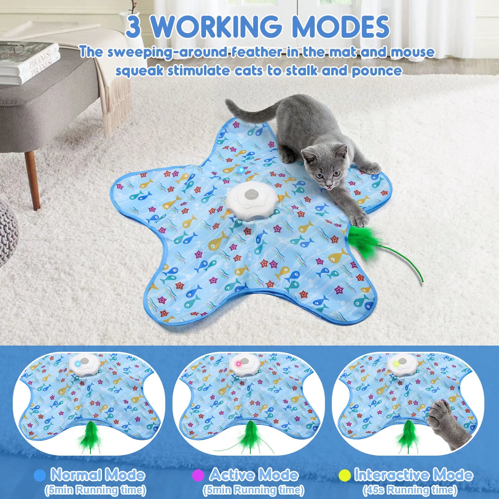 Interactive Unpredicatable Moving Feather Hunting Cat Toy , Hide and Seek Rechargeable Cat Toy for Bored Cat,Automatic Chargeable，Indoor Exercise & Boredom Relief for All Breeds Cats , Essential for Petlovers