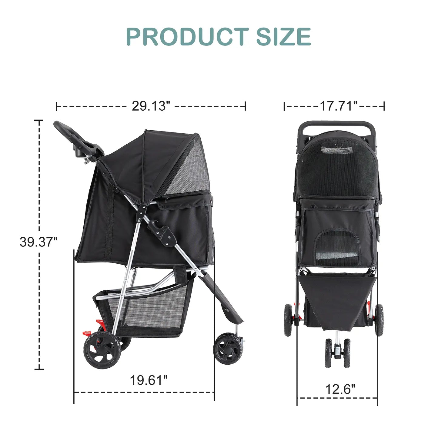 Sweetcrispy 3-Wheel Pet Stroller Dog and Cat Stroller Breathable Mesh Lightweight Travel Carrier Waterproof & Foldable Design Storage Basket Black for Daily Walks & Outdoor Use