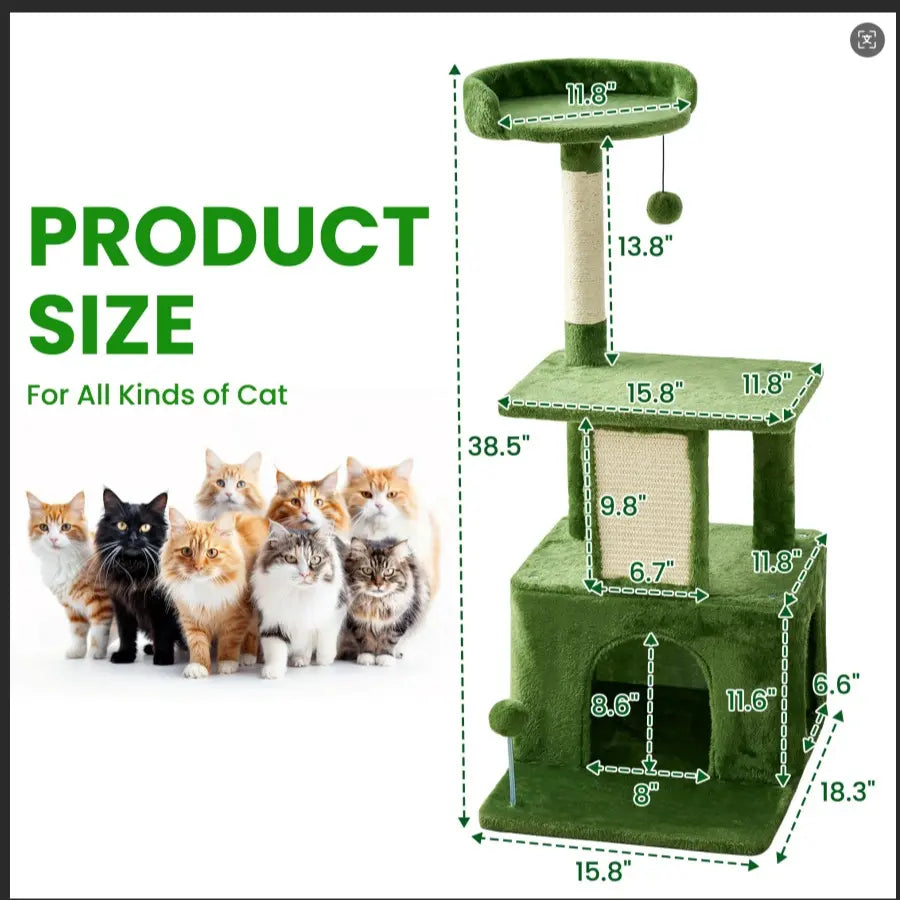 [Summer Vibes] Wecharmer Cat Tree / Tower for Indoor with Green Leaves, Cat Condo Cozy Plush House with Hang Ball, Pet Furniture with Scratching Posts Cat Tree