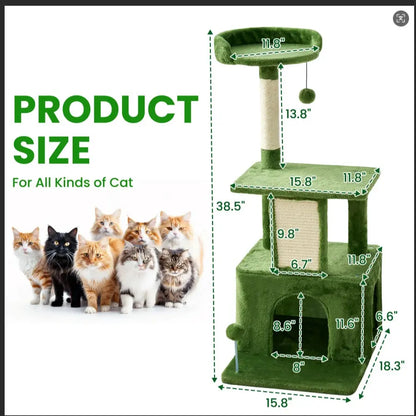 [Summer Vibes] Wecharmer Cat Tree / Tower for Indoor with Green Leaves, Cat Condo Cozy Plush House with Hang Ball, Pet Furniture with Scratching Posts Cat Tree