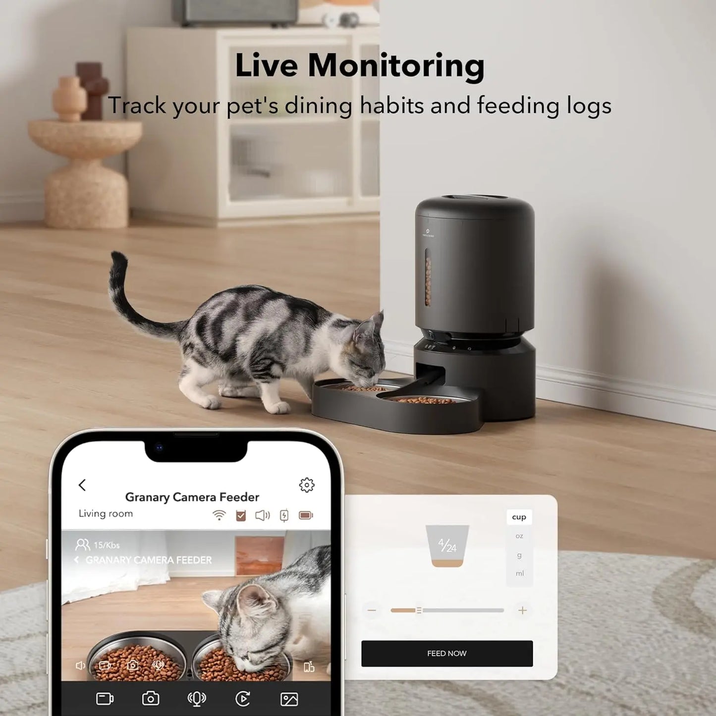 PETLIBRO Automatic Cat Feeder with Camera for Two Cats, 1080P HD Video with Night Vision, 5G Wifi Pet Feeder with 2-Way Audio for Cat & Dog, Low Food & Motion & Sound Alerts, Dual Tray, Black 5L PETLIBRO