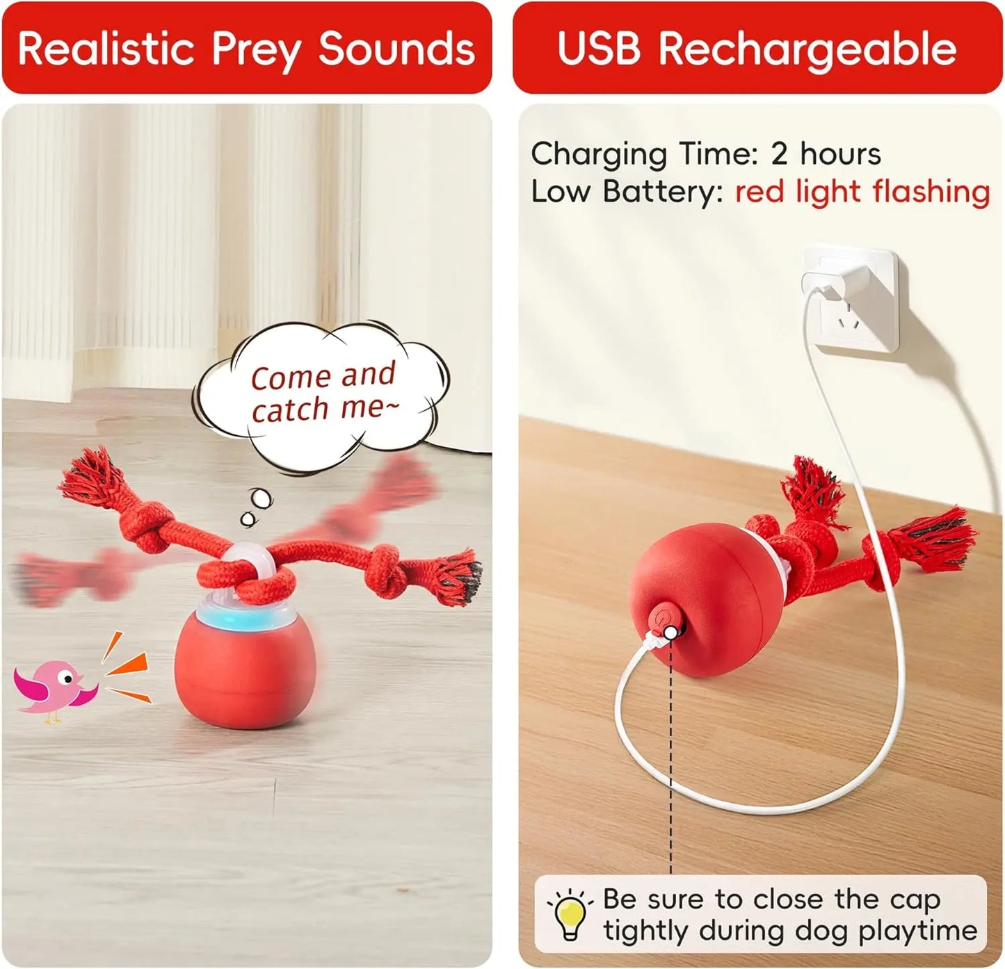 Potaroma Dog Ball Toys Touch Activated, Rechargeable, Squeaky Dog Toy, Interactive Moving Ball for Pup with Rope for Medium Small Dogs Puppy Dark Red,Interactive Training Ball #Summervibes #Petlovers