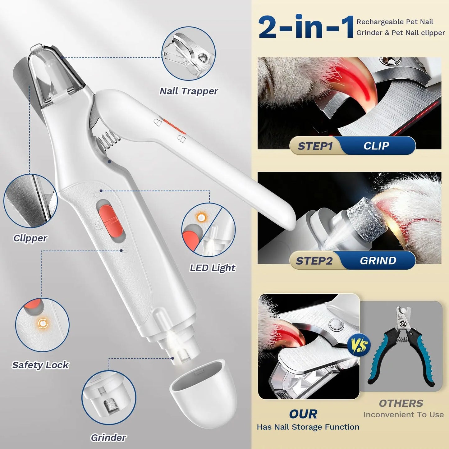 Catpick 2-In-1 Pet Nail Clipper and Grinder, Ultra Quiet Electric Grooming Tool with LED Light, Rechargeable for Dogs & Cats of All Sizes, Low-Noise Motor for Safe Trimming