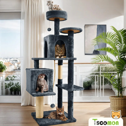 [Summer Vibes] Wecharmer Cat Tree / Tower for Indoor with Green Leaves, Cat Condo Cozy Plush House with Hang Ball, Pet Furniture with Scratching Posts Cat Tree