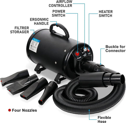 Professional Pet Grooming Hair Dryer - 2400W Portable Quick-Drying Variable-Speed Grooming Product with 4 Adjustable Nozzles, NOVA Model for Dogs (Grooming Tool), Grooming Products, Tools,Summervibes