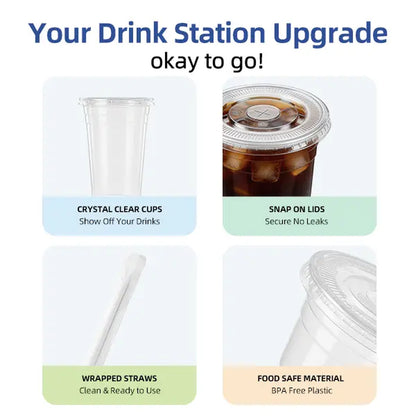 Clear Plastic Disposable Cups with Lids & Straws – 12–24Oz Easy Grab PET Cups with Storage Box | 50/100 Pack