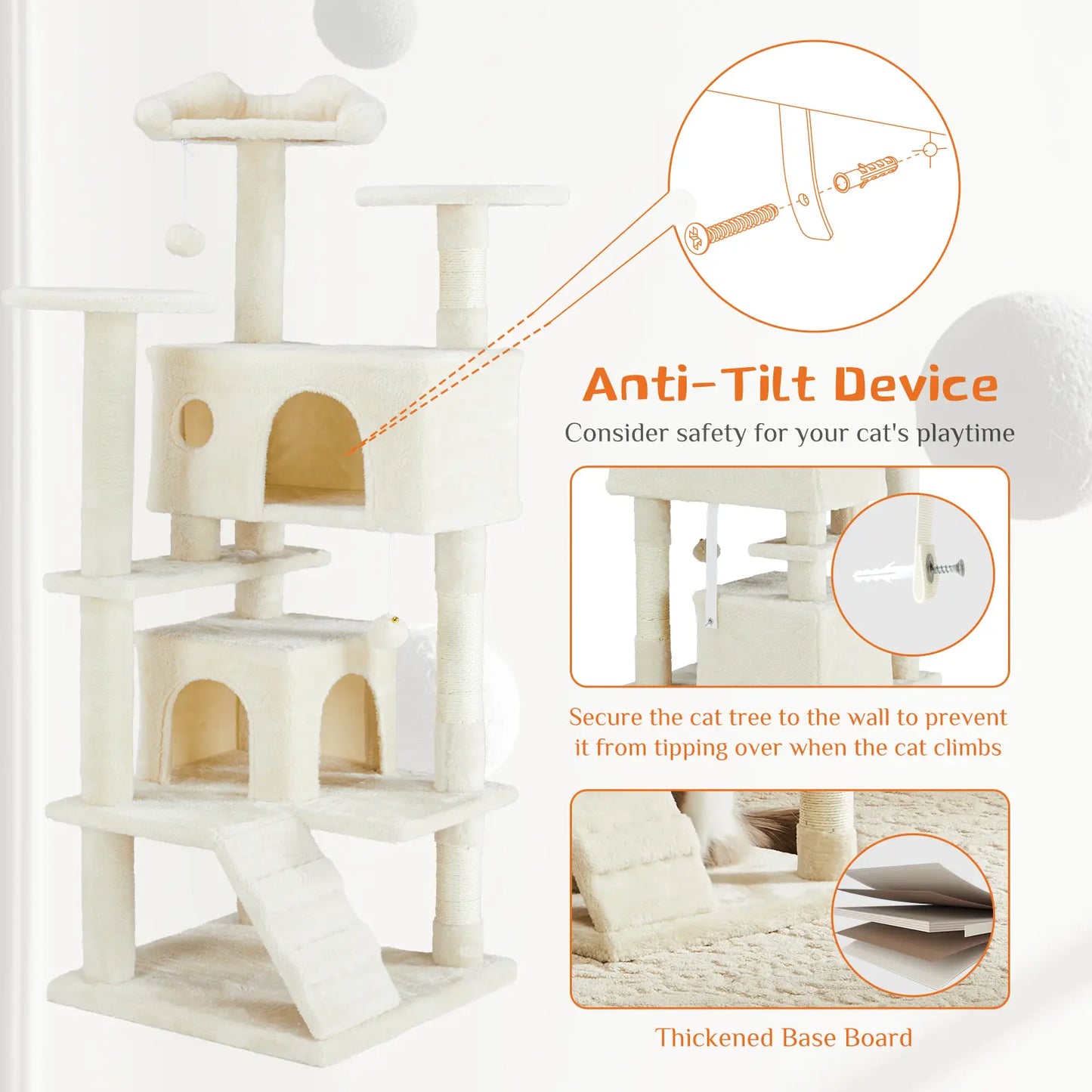 Pettrove Cat Tree Tower for Indoor Cats, Tall Multi-Level Pet Furniture, Stable Kitty Play House with Sisal Scratching Post, Large Condo, Climbing Ladder, Plush Toy for Kitten Cat Treehouse