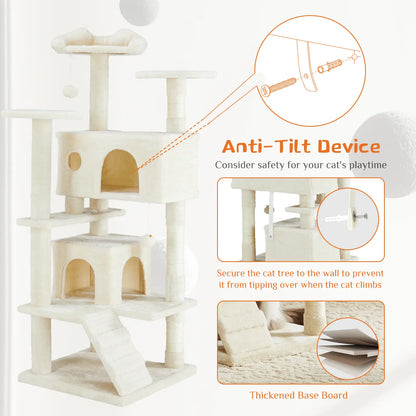 Pettrove Cat Tree Tower for Indoor Cats, Tall Multi-Level Pet Furniture, Stable Kitty Play House with Sisal Scratching Post, Large Condo, Climbing Ladder, Plush Toy for Kitten Cat Treehouse