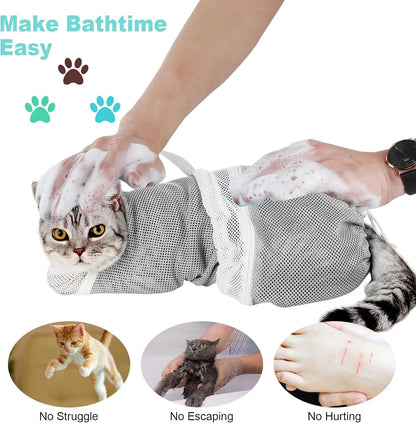 Cat Bath Mesh Bag, Portable Mesh Shower Bag, Cute Safe Adjustable Drawstring Design Travel Bathing Bag for Cats Grooming, Grooming Supplies，Nail Trimming, Injection， Bath Accessory, Pet Tools Summervibes