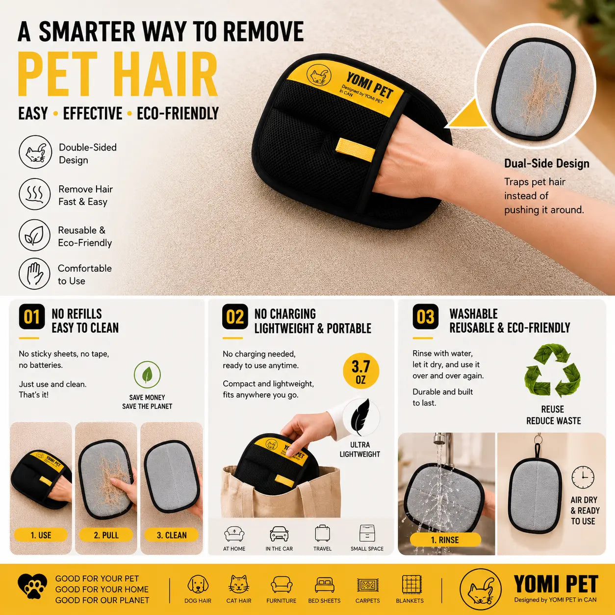 YOMI PET Hair Remover Electrostatic Gloves Two-Way Brush Sticky Hair Remover Cat Hair Dog Hair Glover Grooming Removal Cleaning