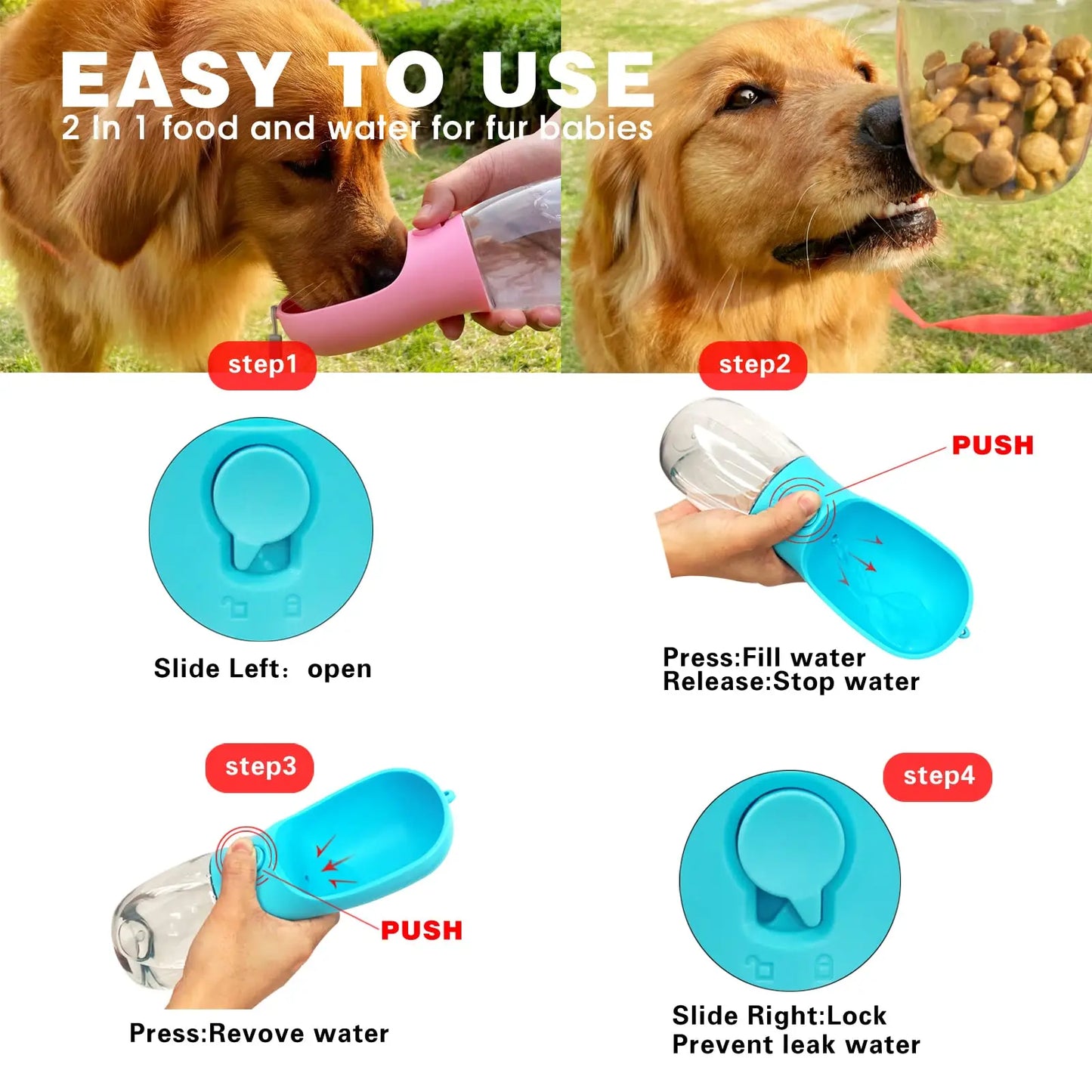 Dog Water Bottle with Food Container, Travel Puppy Water Bowl, Portable Pet Dispenser, Dog Stuff Accessories Items, Automatic Feeder Feeding, Puppy Essentials Necessities for Yorkie Chihuahua Cat Walking and Hiking