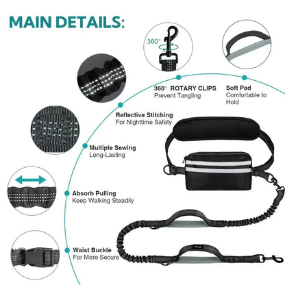 Hands Free Dog Leash with Pouch, Double Leash for Two Dogs, Retractable Bungee with Double Padded Handles, Dog Waist for Dog Walking, Running for Dogs, Dog Walking Accessories