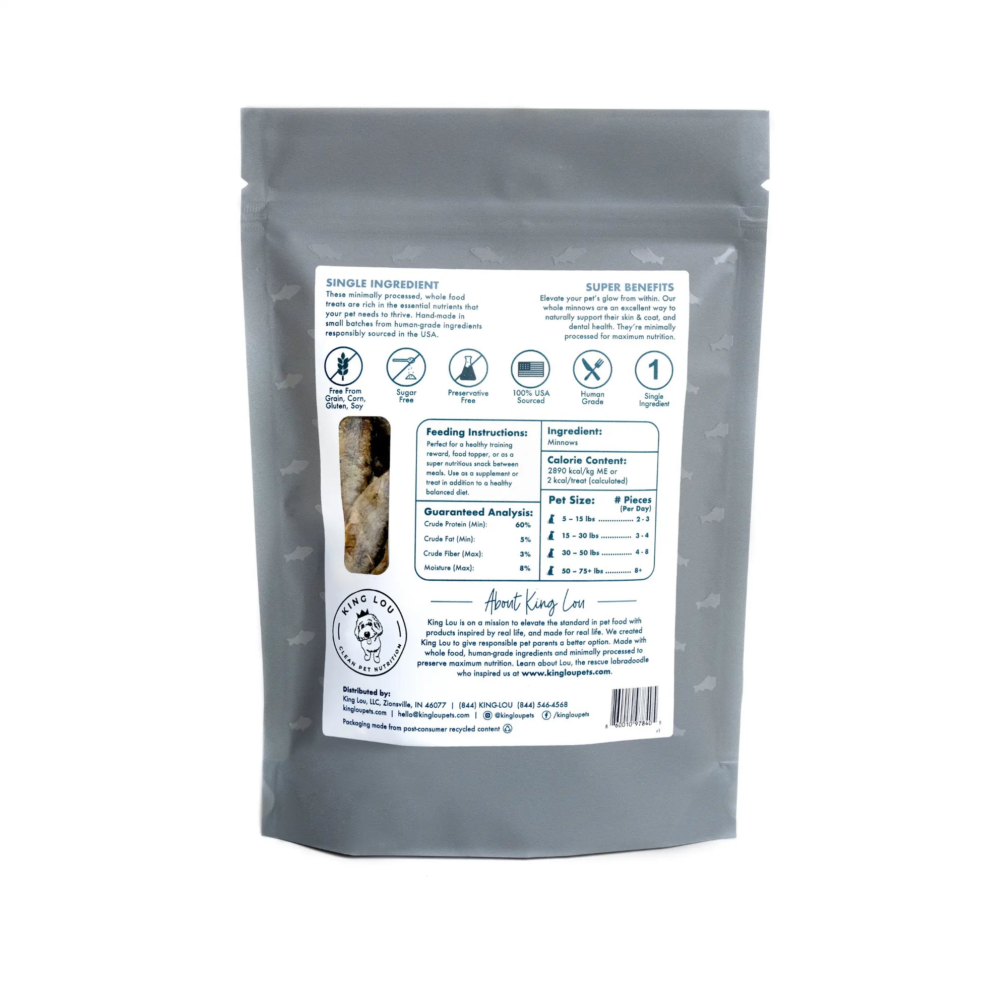 King Lou Whole Minnows - Freeze-Dried Raw Snack for Dogs and Cats Single Ingredient, 100% USA, Human Grade, Treats Pet Products Natural Food Pets Supplies
