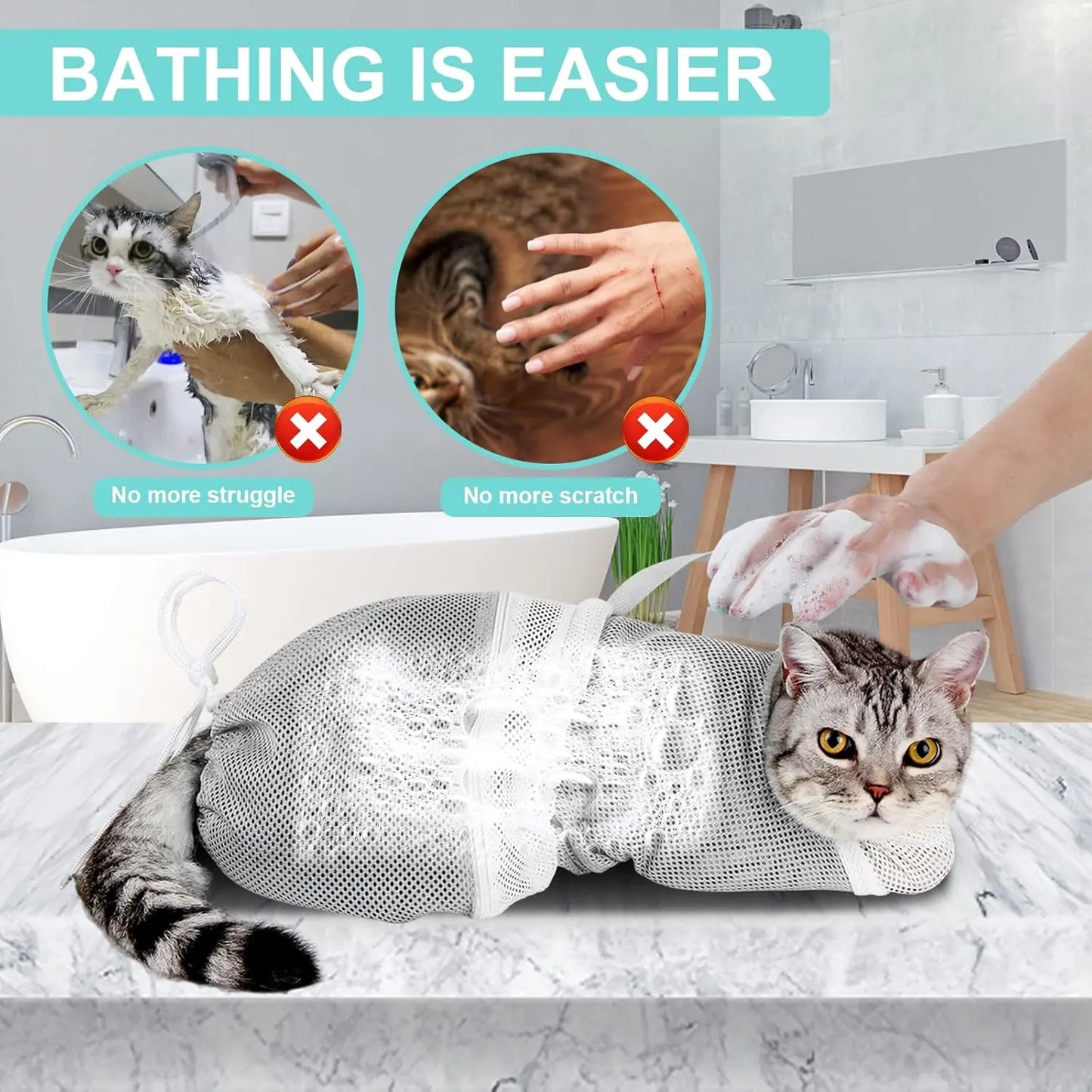 Cat Bath Mesh Bag, Portable Mesh Shower Bag, Cute Safe Adjustable Drawstring Design Travel Bathing Bag for Cats Grooming, Grooming Supplies，Nail Trimming, Injection， Bath Accessory, Pet Tools Summervibes