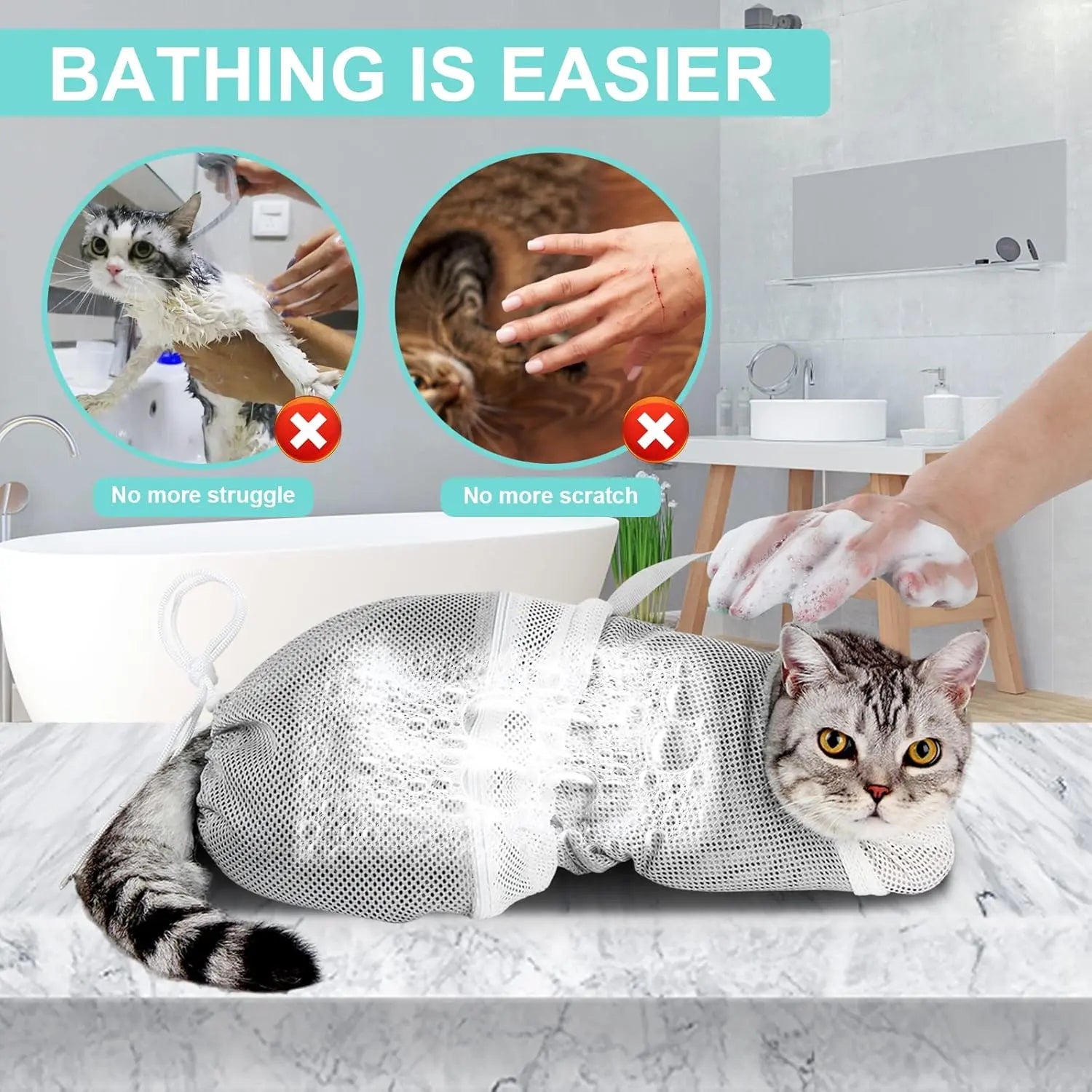 Cat Bath Mesh Bag, Portable Mesh Shower Bag, Cute Safe Adjustable Drawstring Design Travel Bathing Bag for Cats Grooming, Grooming Supplies，Nail Trimming, Injection， Bath Accessory, Pet Tools Summervibes