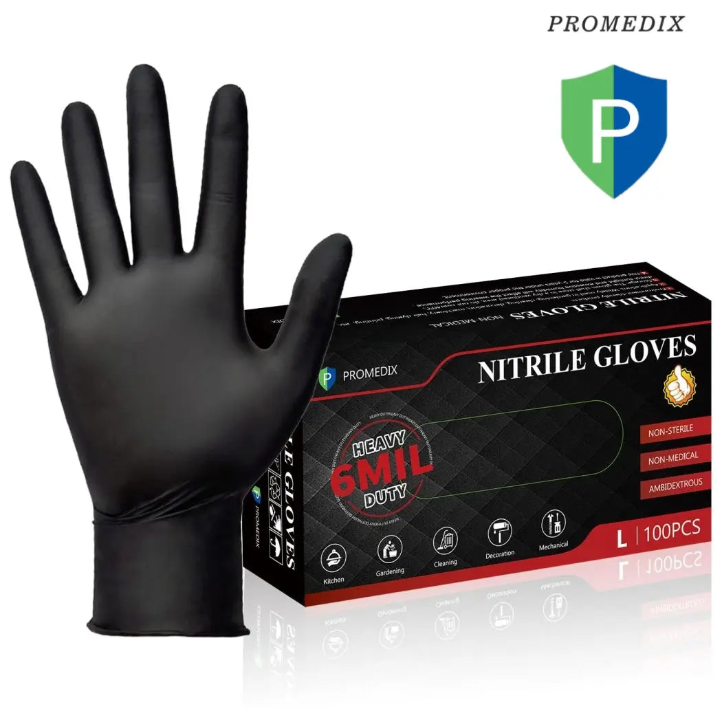 PROMEDIX P Heavy Duty Nitrile Gloves,6Mil-100 Count,Black Disposable Cooking Gloves,Latex Free,Powder Free Reusable Pet Hair Remover Glove Mil Sterile Wet & Dry Mop Pads Powder-Free