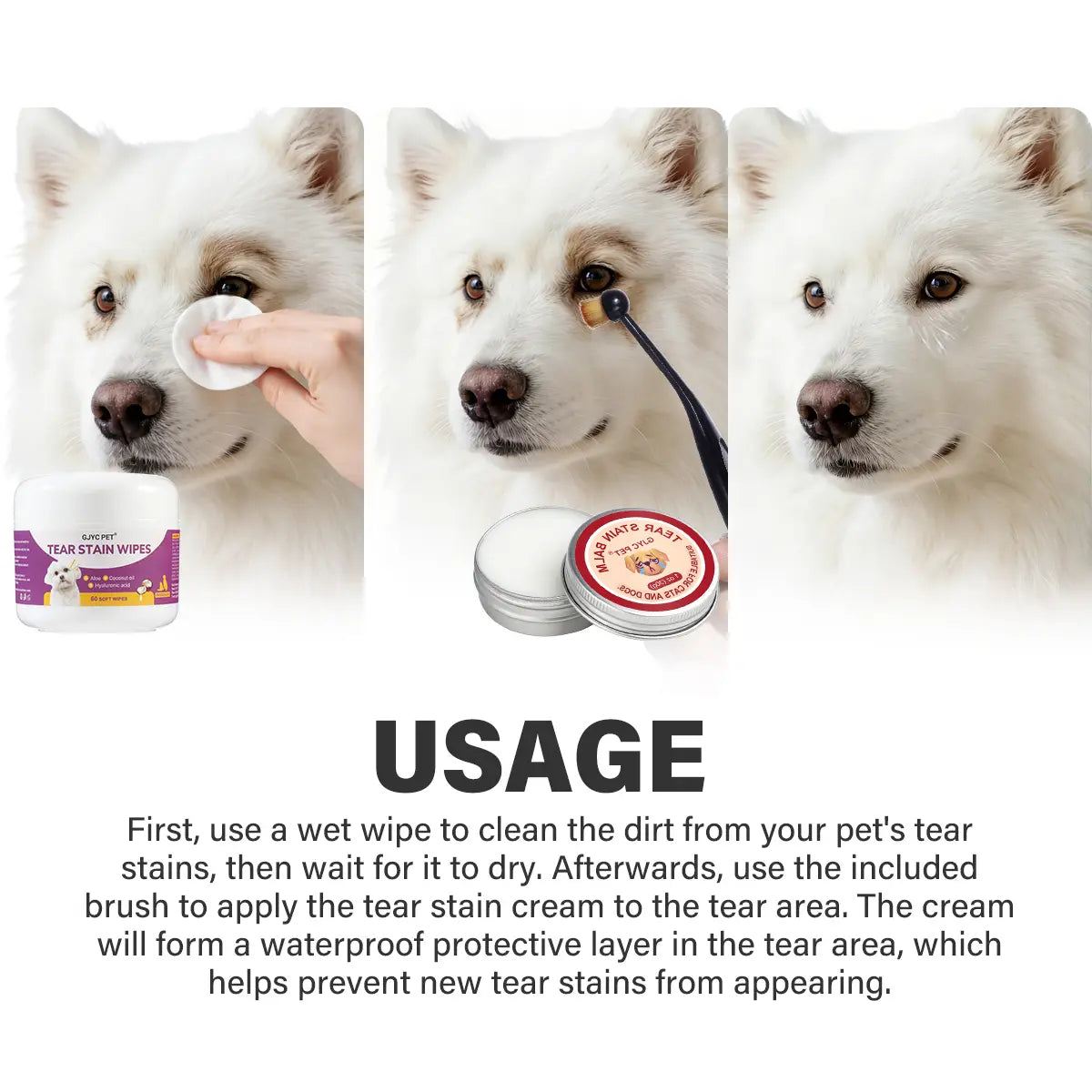 GJYC PET Pet Tear Stain Protection Cream with Professional Brushing for Dog and Cat Eye Care, Natural Anti-Tear, Gentle Cleaning, Removes Tear Stains from Dogs and Cats, Remarkable Effect without Irritation Calming Dog Tear Stain Remover Outdoorfun