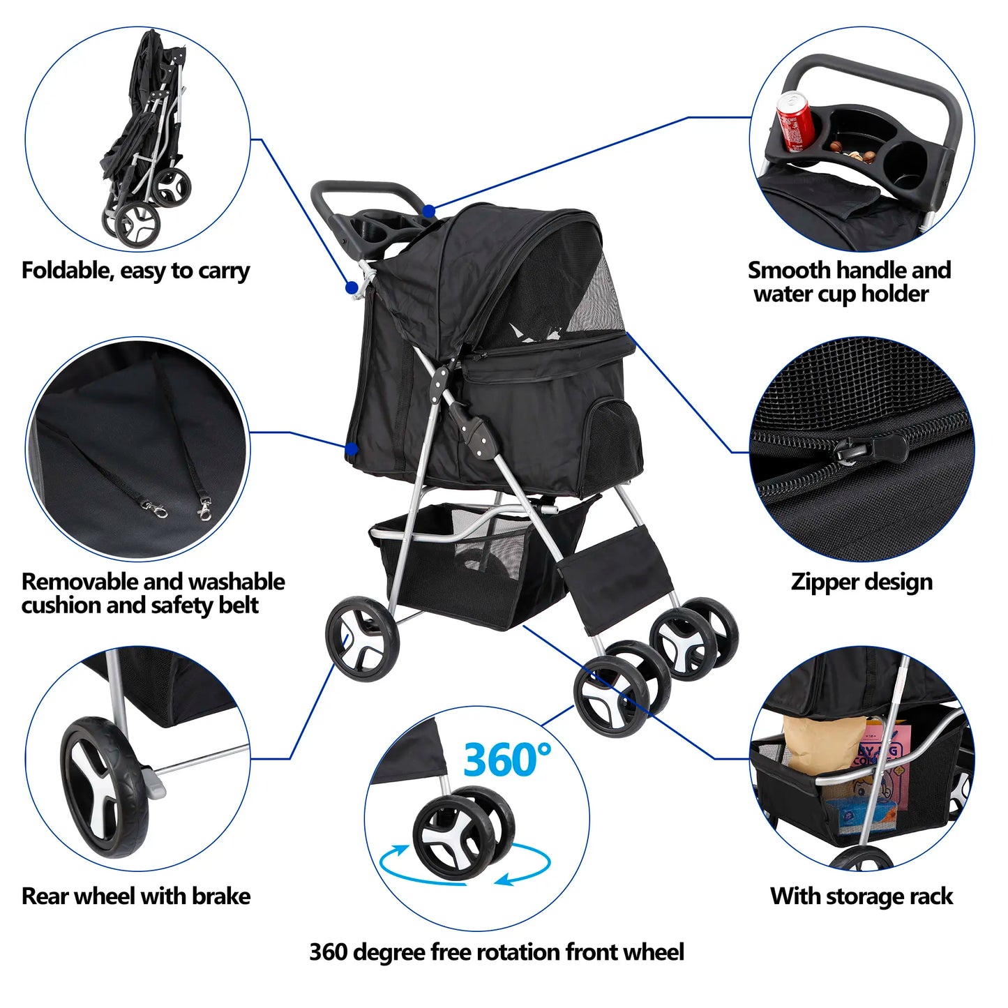Segawe Foldable Dog Stroller - Pet Travel Carriage with Detachable Animal Carrier, Cart and Tray, Black,Summervibes