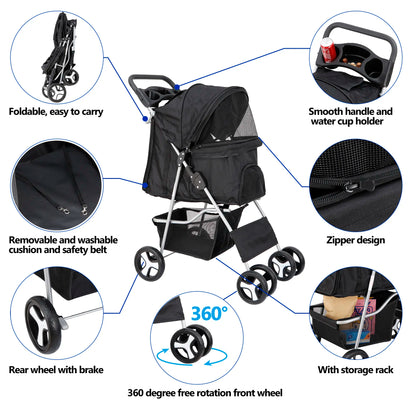 Segawe Foldable Dog Stroller - Pet Travel Carriage with Detachable Animal Carrier, Cart and Tray, Black,Summervibes
