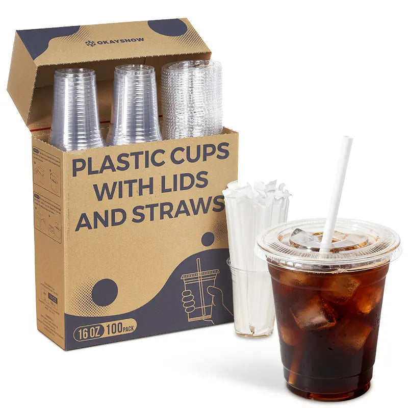 Clear Plastic Disposable Cups with Lids & Straws – 12–24Oz Easy Grab PET Cups with Storage Box | 50/100 Pack