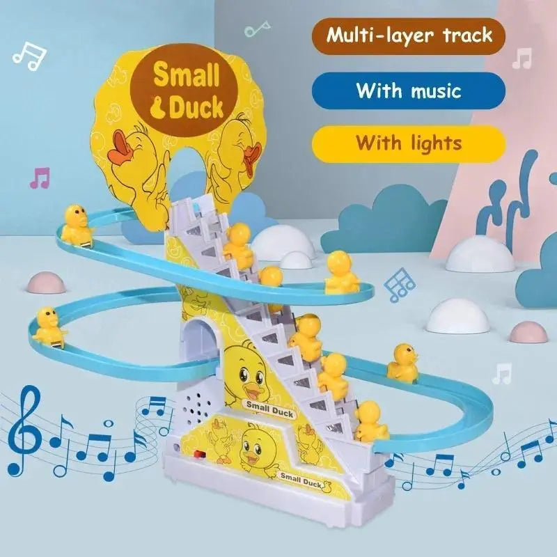 Small Ducks Climbing Toys, Electric Ducks Chasing Race Track Game Set with Nine Ducks, Playful Roller Coaster Toy with Led Flashing Lights & Music