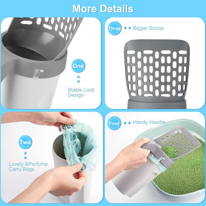 【Deals for You】Cat Litter Scooper with Holder, Cat Litter Shovel with Refill 45 Bags(3 Boxes of 15 Bags), Large Capacity Cat Scooper Portable Shovel