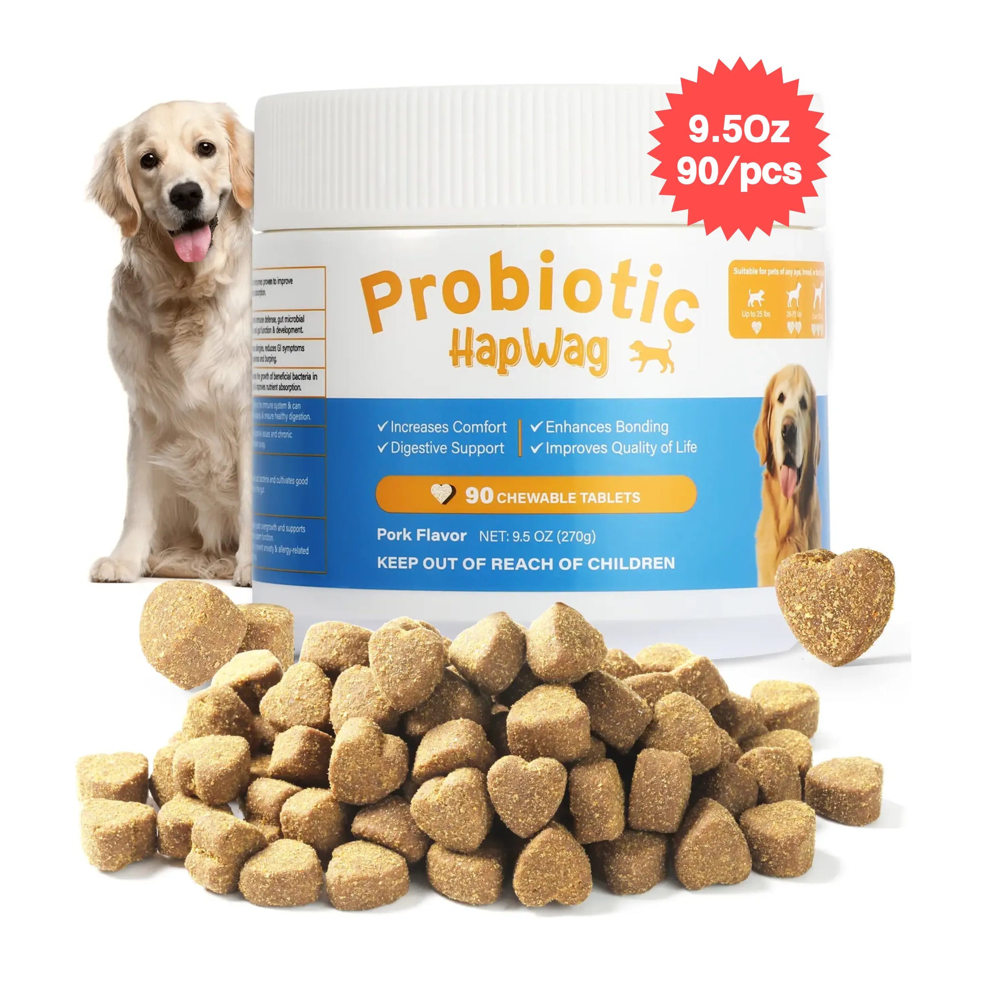 HAPWAG 8-In-1 Probiotics for Dogs - Pork Flavor Chewable Treats, Gut Health, Digestive & Immune Support, Premium-Quality Ingredients, 90 Count Canine Nutritional Supplement