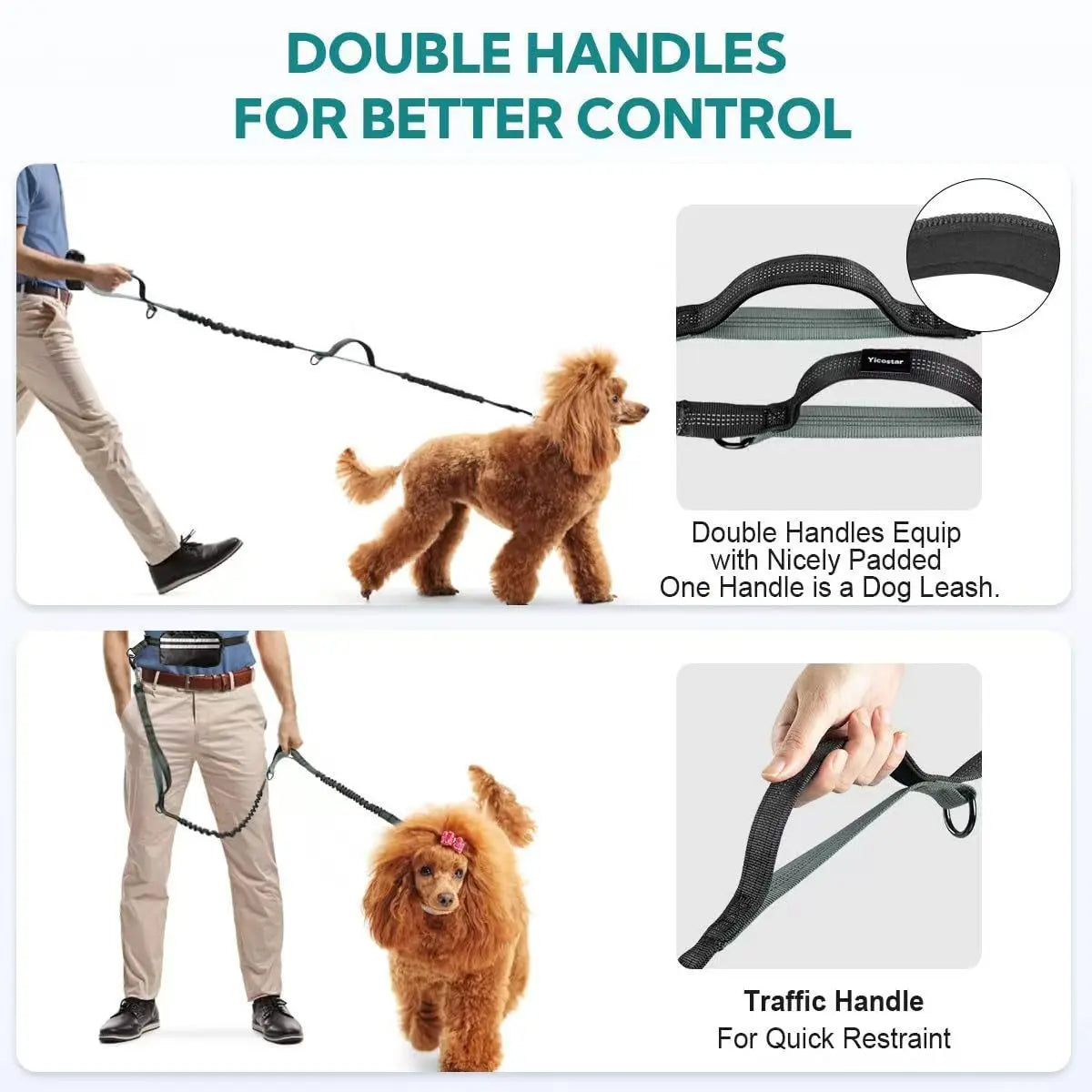 Hands Free Dog Leash with Pouch, Double Leash for Two Dogs, Retractable Bungee with Double Padded Handles, Dog Waist for Dog Walking, Running for Dogs, Dog Walking Accessories