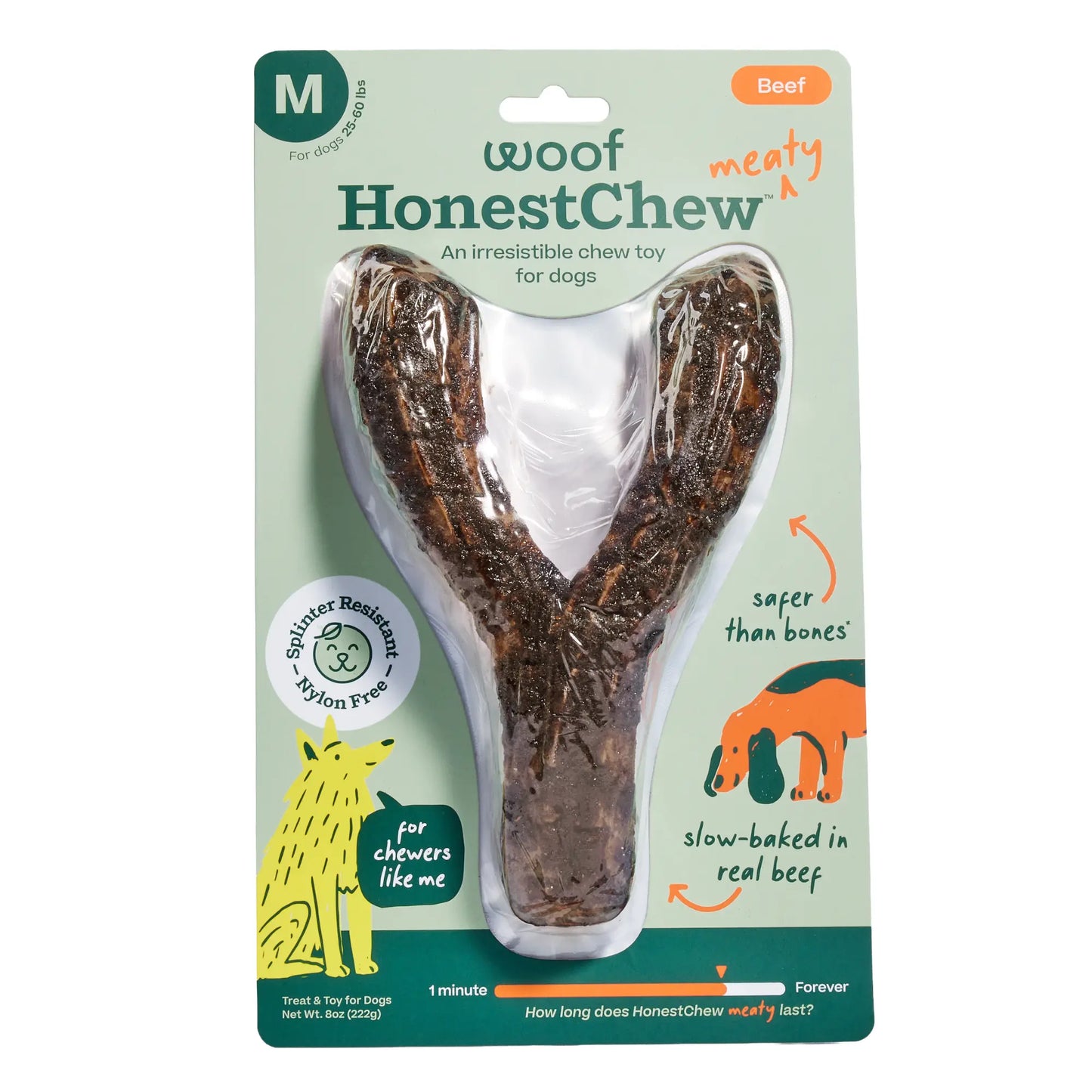 WOOF Honestchew Meaty Antler or Y Shaped Dog Chews - Made with Real Beef Outer Layer and Natural, Plant-Based Ingredients Core - Splinter-Resistant - Safer than Rawhide and Dog Bones