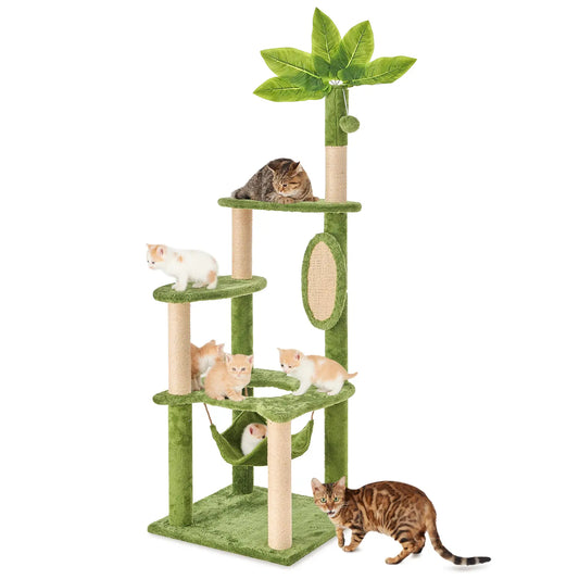 [Summer Vibes] Wecharmer Cat Tree / Tower for Indoor with Green Leaves, Cat Condo Cozy Plush House with Hang Ball, Pet Furniture with Scratching Posts Cat Tree