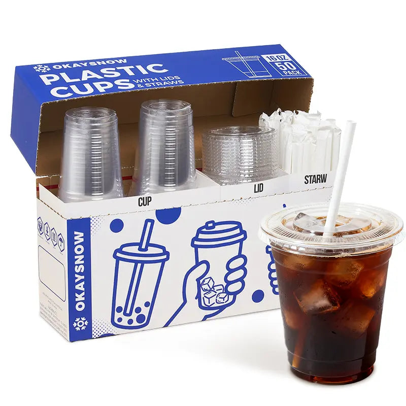 Clear Plastic Disposable Cups with Lids & Straws – 12–24Oz Easy Grab PET Cups with Storage Box | 50/100 Pack