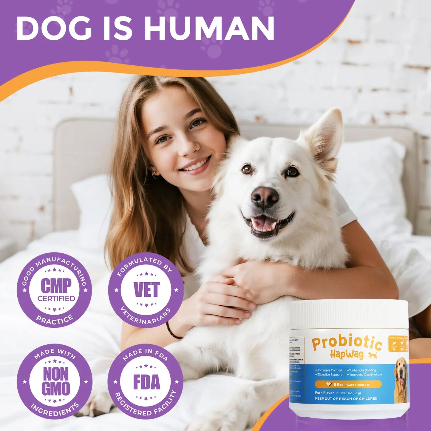HAPWAG 8-In-1 Probiotics for Dogs - Pork Flavor Chewable Treats, Gut Health, Digestive & Immune Support, Premium-Quality Ingredients, 90 Count Canine Nutritional Supplement