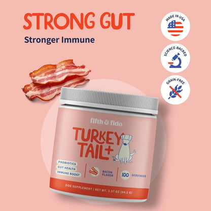 Fifth and Fido Turkey Tail+ Grain-Free Dog Food Topper - Bacon Flavor, Limited Ingredient, Probiotics for Lipoma Aid, Immune & Gut Health, Natural Allergy Relief, Daily Scoop Puppy Food Supplement (100 Servings)