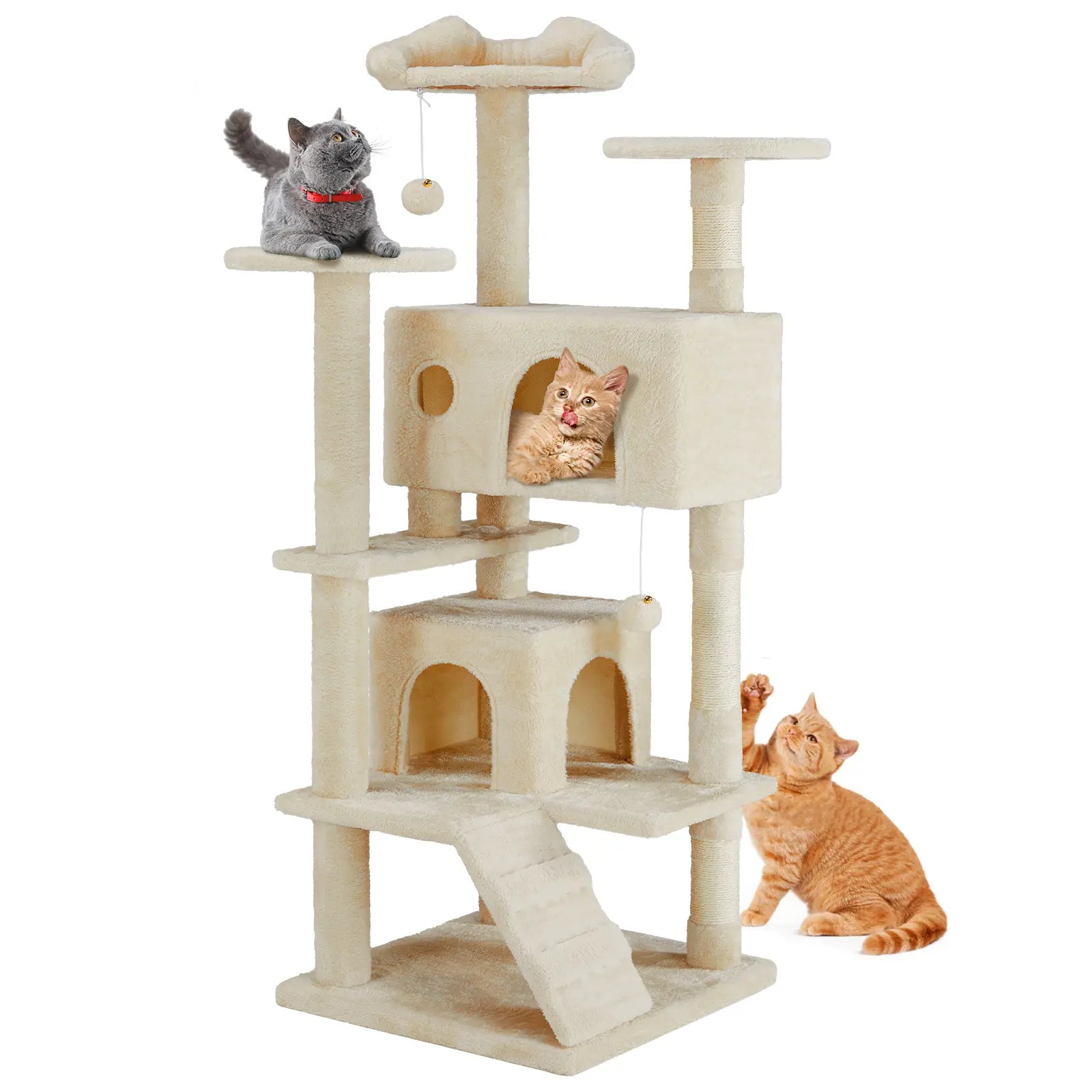 Pettrove Cat Tree Tower for Indoor Cats, Tall Multi-Level Pet Furniture, Stable Kitty Play House with Sisal Scratching Post, Large Condo, Climbing Ladder, Plush Toy for Kitten Cat Treehouse