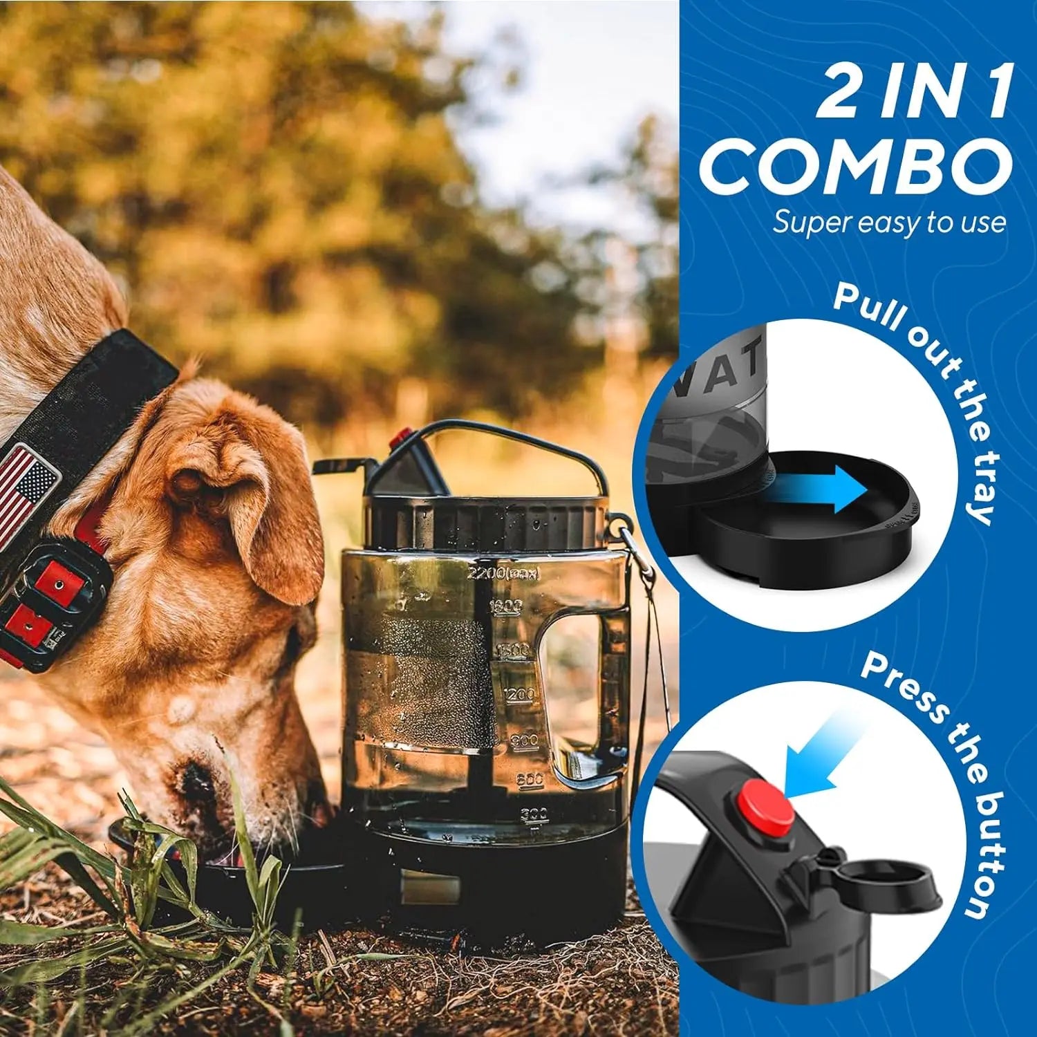 Large Dogs Water Bowl Dispenser, Walking, Camping, Hiking, Portable, Sturdy, 2 in 1 Combo