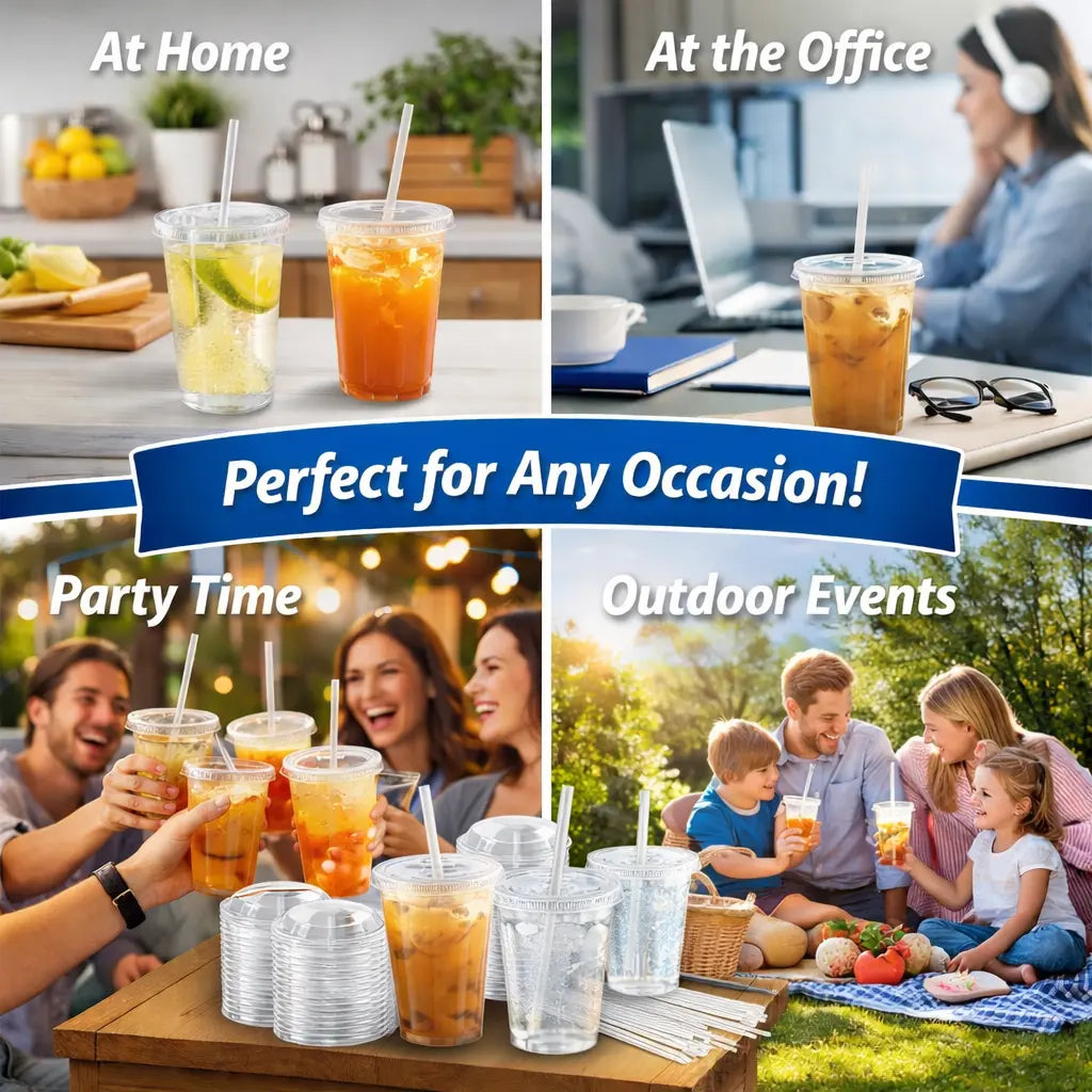 Clear Plastic Disposable Cups with Lids & Straws – 12–24Oz Easy Grab PET Cups with Storage Box | 50/100 Pack