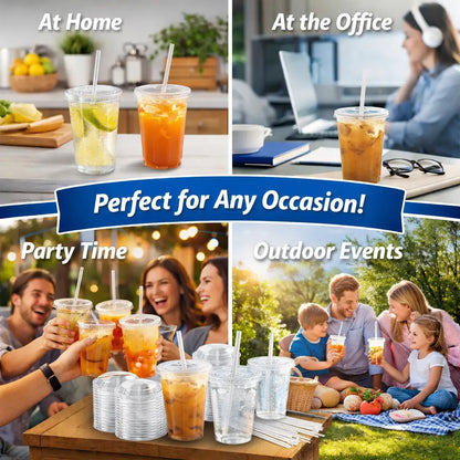 Clear Plastic Disposable Cups with Lids & Straws – 12–24Oz Easy Grab PET Cups with Storage Box | 50/100 Pack