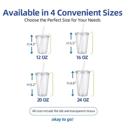 Clear Plastic Disposable Cups with Lids & Straws – 12–24Oz Easy Grab PET Cups with Storage Box | 50/100 Pack