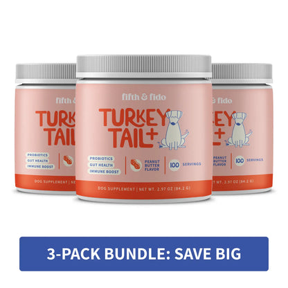 Fifth and Fido 3-Pack Turkey Tail Dog Food Topper, Bacon Flavor, Probiotic-Rich, Limited-Ingredient, Daily Dosing, Lump Reducer, Immune Boost, Gut Health Support, 100 Servings per Bottle